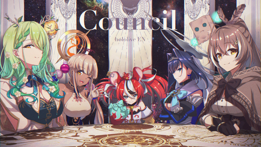 5girls animal_ears apple bad_id bad_pixiv_id bare_shoulders black_hair blue_eyes blue_hair branch breasts brown_hair ceres_fauna ceres_fauna_(1st_costume) cleavage collarbone dark-skinned_female dark_skin food friend_(nanashi_mumei) fruit green_hair hair_over_one_eye hakos_baelz hakos_baelz_(1st_costume) highres holocouncil hololive hololive_english large_breasts limiter_(tsukumo_sana) medium_breasts mouse_ears mr._squeaks_(hakos_baelz) multicolored_hair multiple_girls nanashi_mumei nanashi_mumei_(1st_costume) one_eye_closed ouro_kronii ouro_kronii_(1st_costume) round_table table tsukumo_sana tsukumo_sana_(1st_costume) underboob virtual_youtuber weizen white_hair yatagarasu_(tsukumo_sana) yellow_eyes