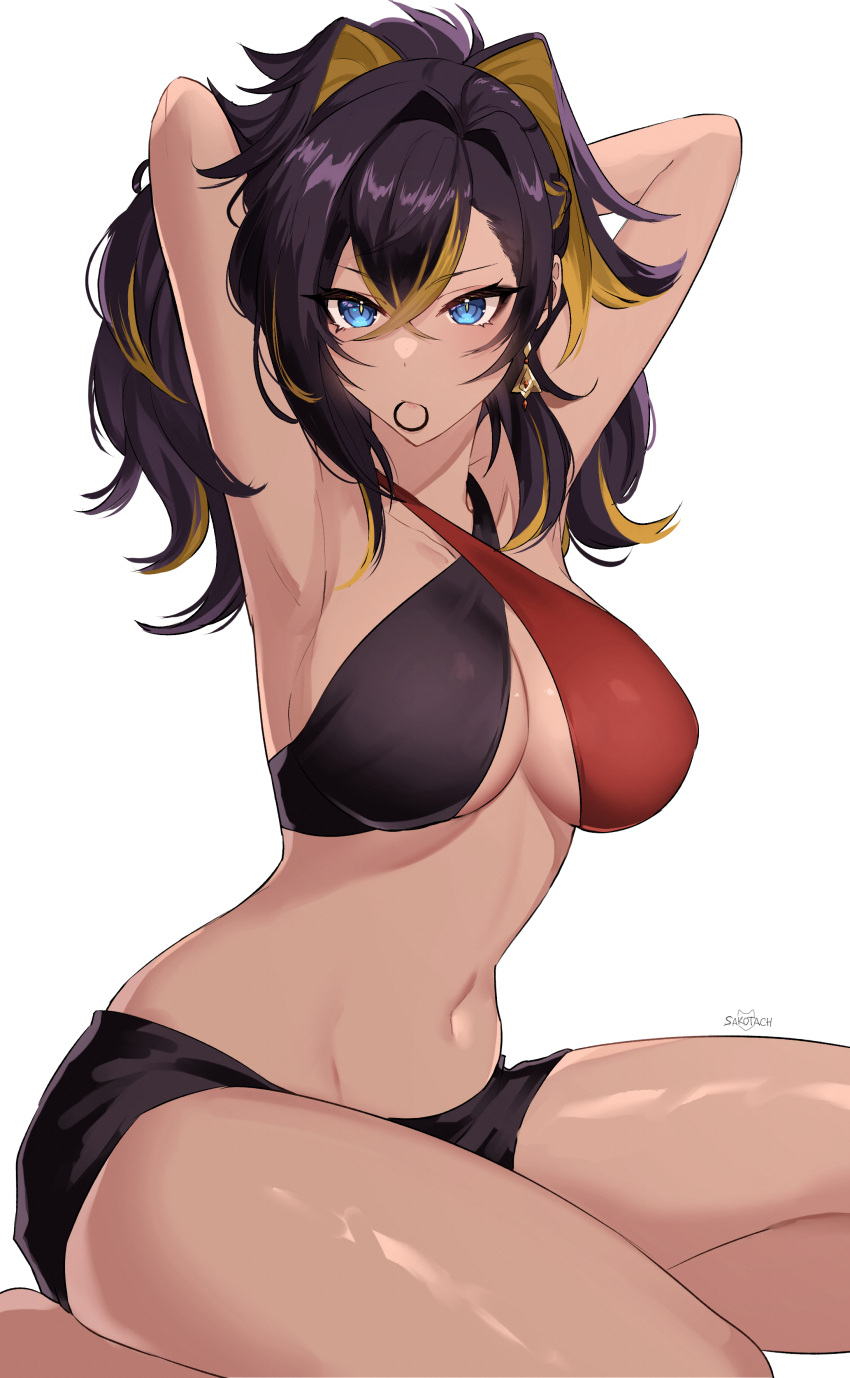 absurdres animal_ears armpits arms_behind_head arms_up bare_arms black_hair blonde_hair blue_eyes breasts criss-cross_halter crossed_bangs dark-skinned_female dark_skin dehya_(genshin_impact) female genshin_impact hair_between_eyes hair_tie_in_mouth halterneck highres large_breasts looking_at_viewer looking_back mouth_hold multicolored_hair navel revision sakotach simple_background sitting solo stomach streaked_hair thighs white_background