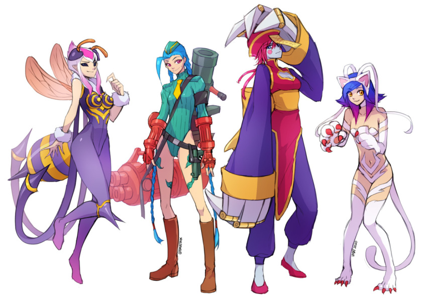 4girls abdomen_tail animal_hands arthropod_girl bee_girl cammy_white cammy_white_(cosplay) cat_girl claws commentary cosplay english_commentary evelynn_(league_of_legends) felicia_(vampire) felicia_(vampire)_(cosplay) full_body gatling_gun jinx_(league_of_legends) league_of_legends lei_lei lei_lei_(cosplay) minigun multiple_girls neeko_(league_of_legends) photoshop_(medium) q-bee q-bee_(cosplay) rocket_launcher stinger street_fighter street_fighter_zero_(series) tail vampire_(game) vi_(league_of_legends) vmat weapon