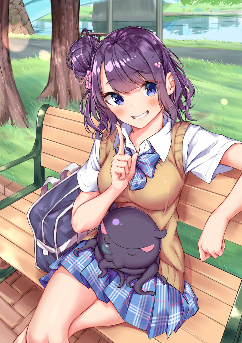 alternate_uniform bag bench blue_bow blue_eyes blue_neckwear blue_skirt blush bow bowtie breasts brick_floor bridge brown_sweater_vest clenched_teeth collared_shirt commentary_request crossed_legs day eyes_visible_through_hair fate/grand_order fate_(series) feet_out_of_frame female grass hair_bun hair_ornament head_tilt highres index_finger_raised katsushika_hokusai_(fate) looking_at_viewer medium_breasts miniskirt nose_bubble octopus on_bench on_lap outdoors plaid plaid_bow plaid_neckwear plaid_skirt pleated_skirt purple_hair river sahara386 school_bag school_uniform shirt short_sleeves single_hair_bun single_side_bun sitting skirt sleeping smile sweater_vest teeth tokitarou_(fate) tree water white_shirt wing_collar