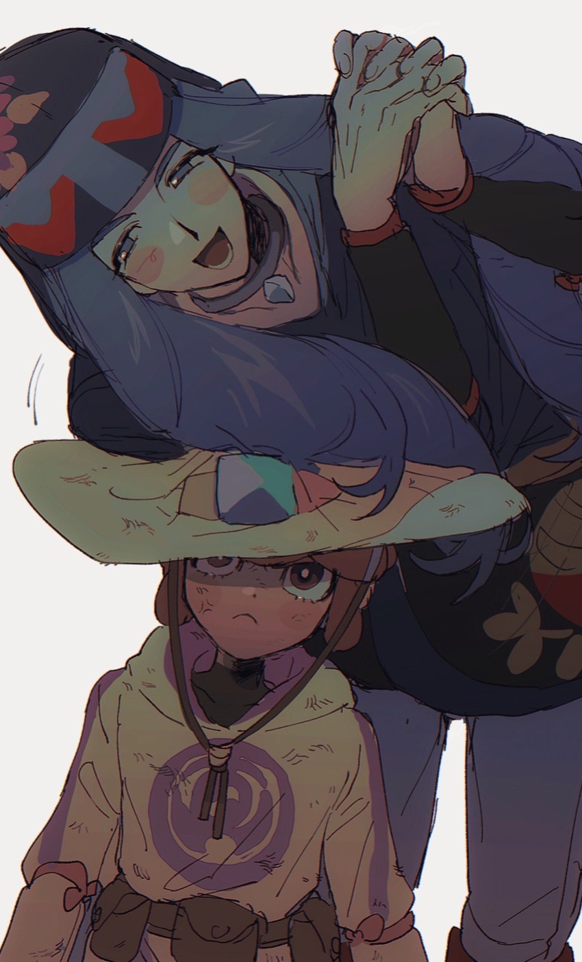 2boys :d anger_vein black_jacket blush_stickers brown_bag brown_hair closed_mouth commentary diamond_clan_outfit floral_print frown grey_eyes hands_up hat height_difference highres hood hood_up hooded_jacket interlocked_fingers jacket lian_(pokemon) long_hair long_sleeves lower_teeth_only male_focus melli_(pokemon) multiple_boys open_mouth own_hands_together pearl_clan_outfit pokemon pokemon_legends:_arceus short_hair smile teeth thxzmgn tongue