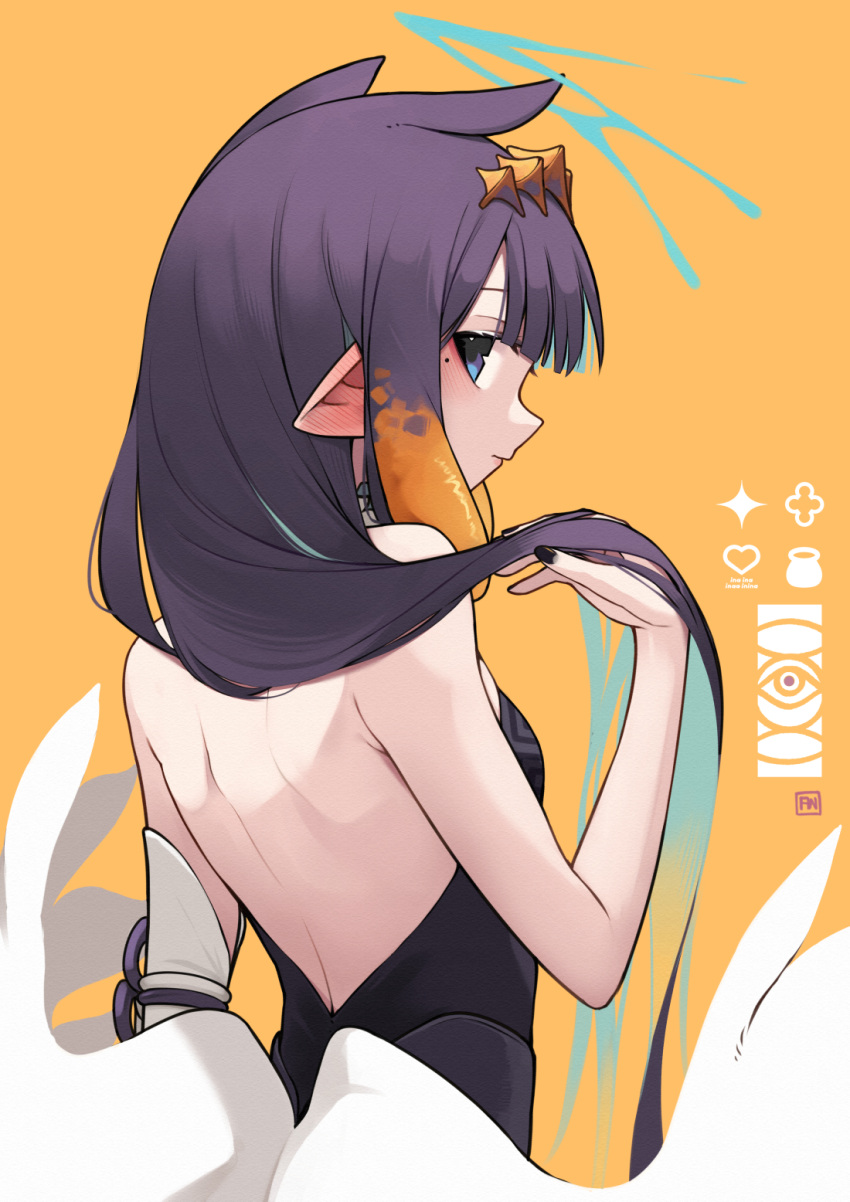 a:n_(angrynum) artist_logo back back_focus backless_dress backless_outfit black_dress black_nails blue_eyes blunt_bangs blush breasts closed_mouth commentary detached_sleeves dress ear_blush english_commentary female flower_knot from_behind gradient_hair hand_in_own_hair headpiece highres hololive hololive_english lips long_hair looking_at_viewer looking_back low_wings median_furrow mole mole_under_eye multicolored_hair nail_polish ninomae_ina'nis ninomae_ina'nis_(1st_costume) orange_background orange_hair pointy_ears purple_hair sidelocks simple_background single_sleeve small_breasts solo straight_hair strapless strapless_dress tentacle_hair tube_dress two-tone_hair upper_body very_long_hair virtual_youtuber wings