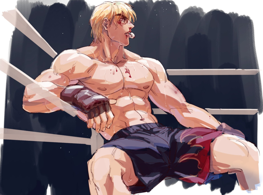 1boy abs bara black_shorts blonde_hair blood blood_on_face bruise dougi feet_out_of_frame highres injury ken_masters looking_to_the_side male_focus muscular muscular_male navel nipples pectorals short_hair shorts simple_background sitting solo spread_legs stomach street_fighter sweat thick_eyebrows thick_thighs thighs topless_male wrestling_outfit wrestling_ring yuiofire