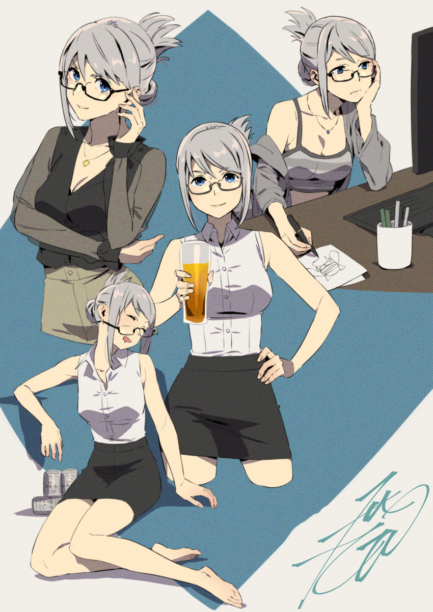 bare_shoulders barefoot beer_can beer_glass black_shirt black_skirt blue_eyes camisole can closed_eyes collage computer computer_keyboard crop_top cup drawing drink_can drooling female folded_ponytail full_body glasses grey_hair grey_shirt grey_tank_top hair_bun hand_on_own_hip head_on_hand highres jewelry kobayashi_gen looking_at_viewer marker monitor mug multiple_views necklace open_clothes open_shirt paper pen school_girl_strikers see-through see-through_sleeves shirt sidelocks signature simple_background sitting skirt sleeping sleeveless sleeveless_shirt swept_bangs tank_top tierra-sensei white_shirt working