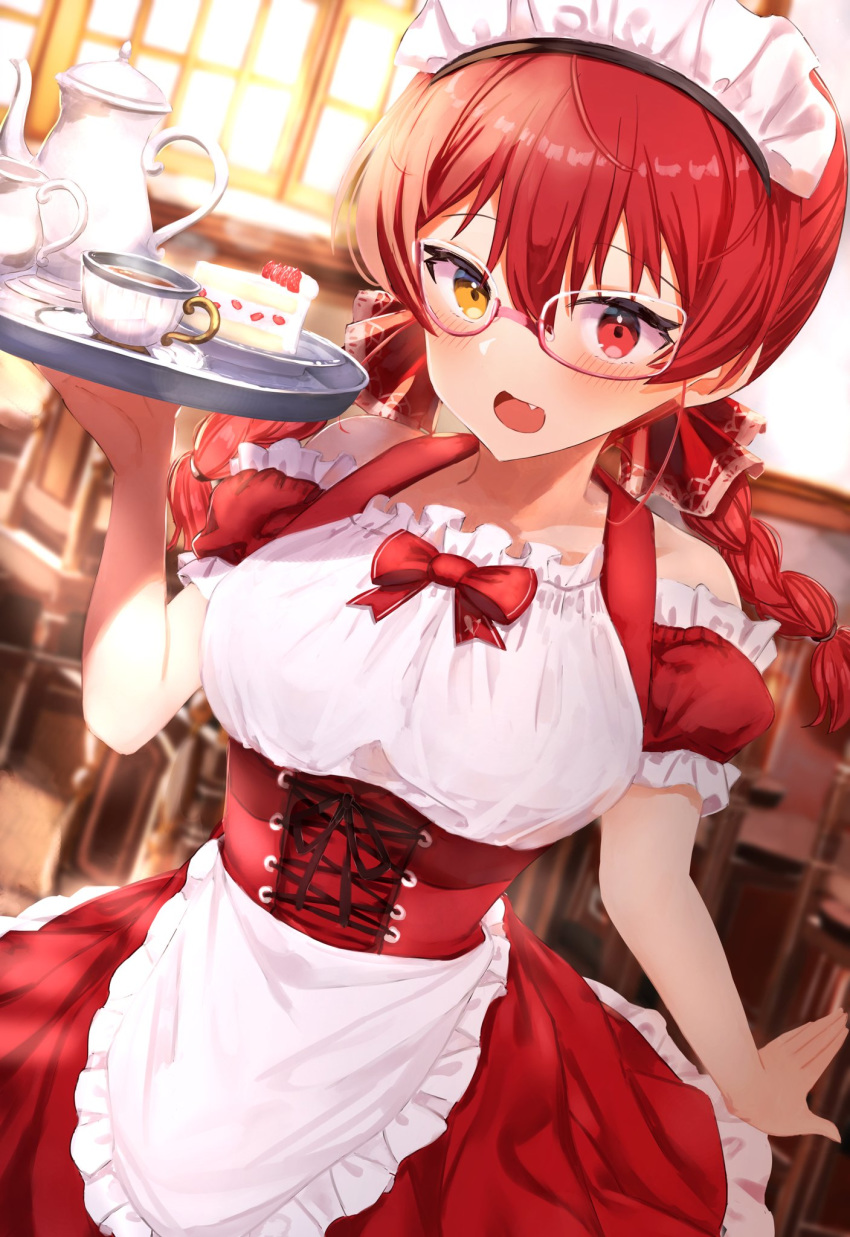 adapted_costume alternate_costume apron bespectacled blush braid breasts cake corset cup day dirndl dutch_angle enmaided female food fruit german_clothes glasses hand_up heterochromia highres hololive houshou_marine indoors large_breasts long_hair looking_at_viewer maid maid_headdress oerba_yun_fang open_mouth ponnu_(nikeytina) red-framed_eyewear red_eyes red_hair saucer semi-rimless_eyewear solo strawberry tea_set teacup teapot tray twin_braids twintails under-rim_eyewear virtual_youtuber waitress window yellow_eyes