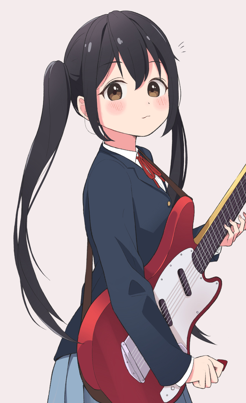 1ssakawaguchi absurdres black_hair blush electric_guitar female fender_mustang guitar highres holding holding_instrument instrument k-on! long_hair nakano_azusa sakuragaoka_high_school_uniform school_uniform simple_background solo twintails winter_uniform