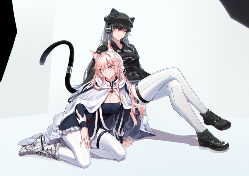 2girls absurdres animal_ears arknights black_footwear black_headwear black_jacket boots breasts cabbie_hat cat_ears cat_tail cleavage commentary_request crossed_legs ears_through_headwear grey_hair hat highres jacket large_breasts leggings long_hair long_sleeves multiple_girls official_alternate_costume pants pink_eyes pink_hair pozyomka_(arknights) pozyomka_(snowy_plains_in_words)_(arknights) schwarz_(arknights) schwarz_(skyline)_(arknights) shijie_jianfa shoes sitting tail thigh_strap thighs very_long_hair white_footwear white_pants yellow_eyes