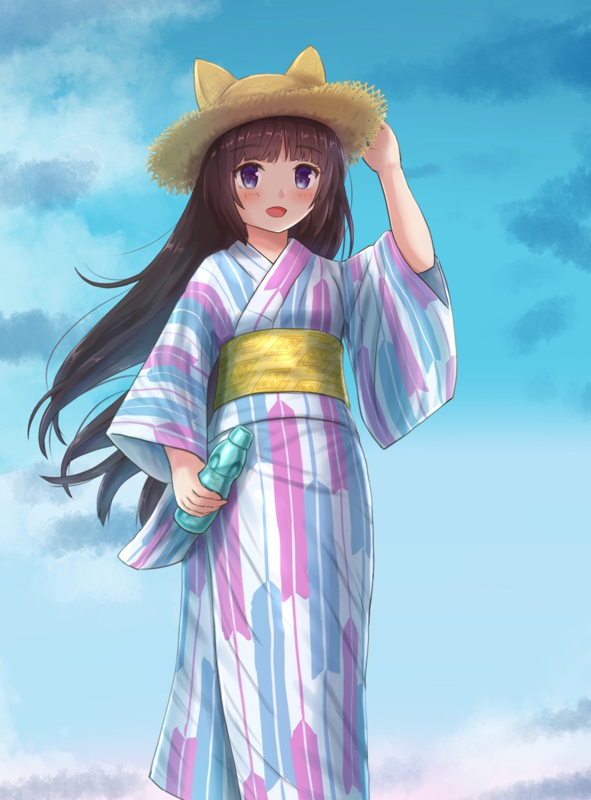 :d animal_ears animal_hat arm_up blue_eyes blue_sky blush bottle brown_hair brown_hat cat_ears cat_hat cloud commentary_request day fake_animal_ears female hand_on_headwear hat highres holding holding_bottle iroha_(iroha_matsurika) japanese_clothes kimono long_hair long_sleeves looking_at_viewer mutsuki_(iroha_(iroha_matsurika)) obi open_mouth original outdoors ramune sash short_sleeves sky smile solo straw_hat very_long_hair white_kimono wide_sleeves yagasuri yukata