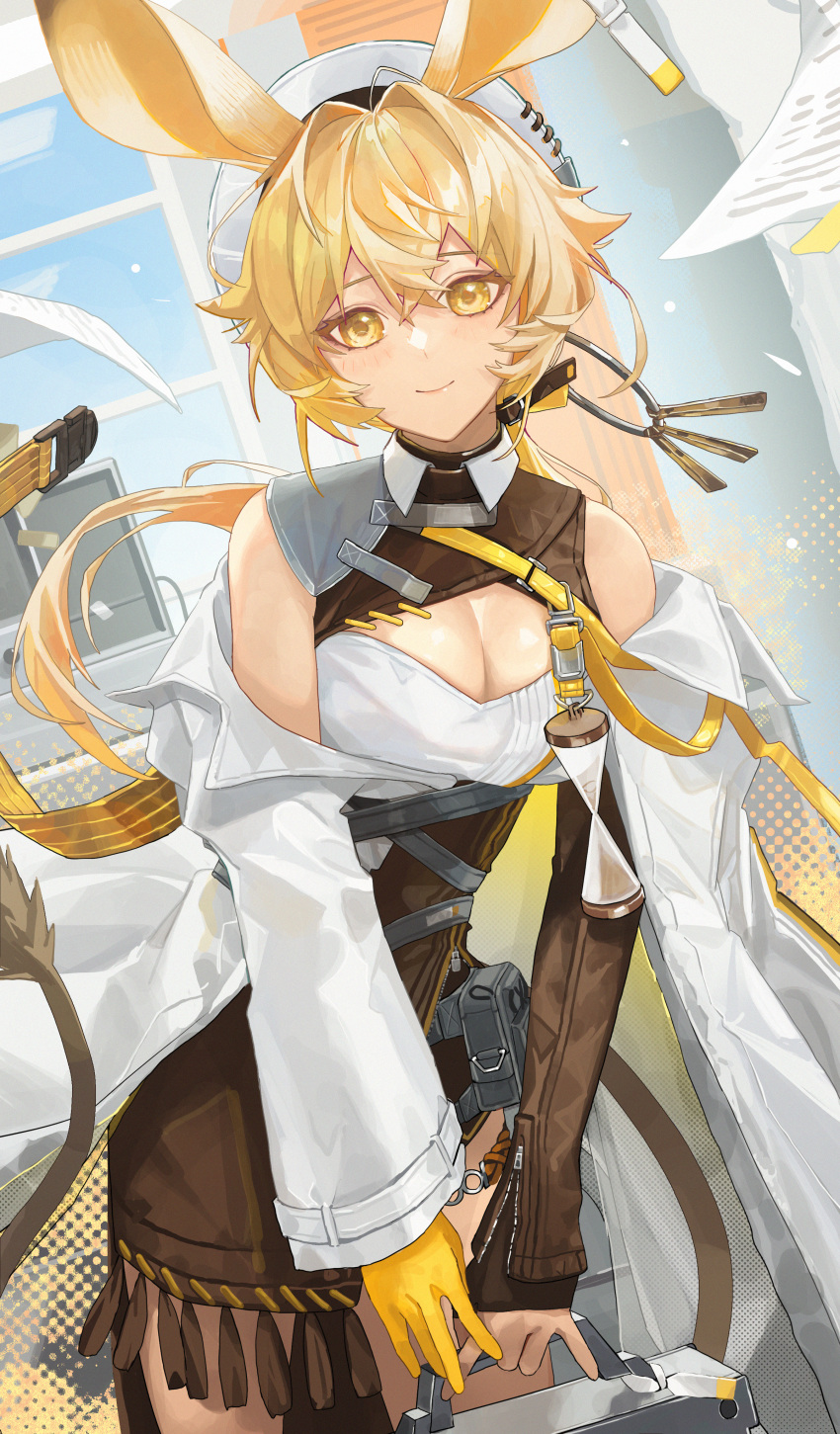 absurdres animal_ears arknights bare_shoulders blonde_hair breasts brown_skirt cleavage commentary_request cowboy_shot dorothy_(arknights) female gloves hair_intakes high-waist_skirt highres long_hair looking_at_viewer monge_baby off_shoulder single_glove skirt smile solo standing white_headwear yellow_eyes yellow_gloves