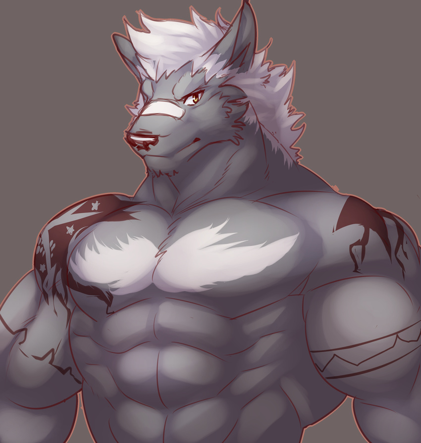 2015 abs absurd_res anthro athletic biceps big_muscles black_markings body_hair canid canine chest_hair clothed clothing fur grey_background grey_body grey_fur hair hi_res istani looking_at_viewer male mammal markings muscular muscular_anthro muscular_male pecs simple_background solo tattoo topless white_hair yellow_eyes