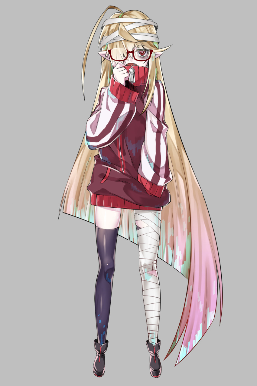 black_thighhighs blonde_hair blue_hair commentary female glasses hal-bard highres light_blue_hair long_hair long_sleeves multicolored_hair oerba_yun_fang pink_hair pixiv's_virtual_youtuber_audition red_eyes shoes solo thighhighs vampire very_long_hair virtual_youtuber wide_sleeves zipper zipper_pull_tab