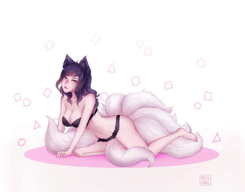 ahri_(league_of_legends) animal_ears artist_logo artist_name black_bra black_hair black_panties blurry blush bra breasts cleavage commentary depth_of_field english_commentary facial_mark female fox_ears fox_girl fox_tail from_side full_body highres large_breasts league_of_legends lips long_hair looking_at_viewer multiple_tails navel nose_blush on_one_knee panties parted_lips pose shari_cote solo stomach tail underwear underwear_only whisker_markings white_background yellow_eyes