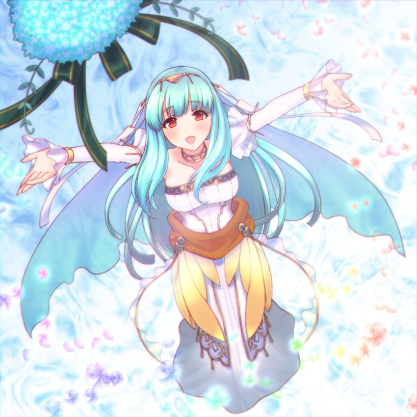 blue_hair bouquet breasts bridal_veil bride commentary_request dress female fire_emblem fire_emblem:_the_blazing_blade fire_emblem_heroes flower green_ribbons hair_ornament highres large_breasts lazulia long_hair ninian_(bridal)_(fire_emblem) ninian_(fire_emblem) open_mouth outstretched_arms petals red_eyes ribbon solo strapless strapless_dress veil wedding_dress white_dress