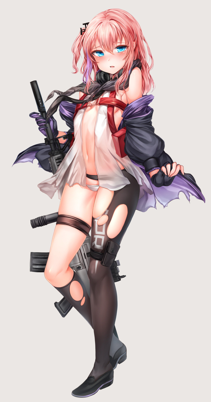 absurdres ar-15 bad_id bad_twitter_id beige_background black_footwear black_panties black_pantyhose black_socks blue_eyes blue_hair blush breasts buckle clothes_writing commentary_request dress female fingerless_gloves full_body girls'_frontline gloves gun hair_between_eyes hair_ornament headphones headphones_around_neck highres holding jacket kneehighs long_hair looking_at_viewer magpul multicolored_hair navel off_shoulder one_side_up open_clothes open_dress open_jacket open_mouth panties pantyhose pink_hair pouch rifle scarf see-through see-through_dress shoes sidelocks simple_background single_fingerless_glove single_kneehigh single_leg_pantyhose single_sock skindentation small_breasts snap-fit_buckle socks solo st_ar-15_(girls'_frontline) stomach strap streaked_hair thigh_strap torn_clothes torn_jacket torn_pantyhose torn_socks underwear weapon white_dress zerocat