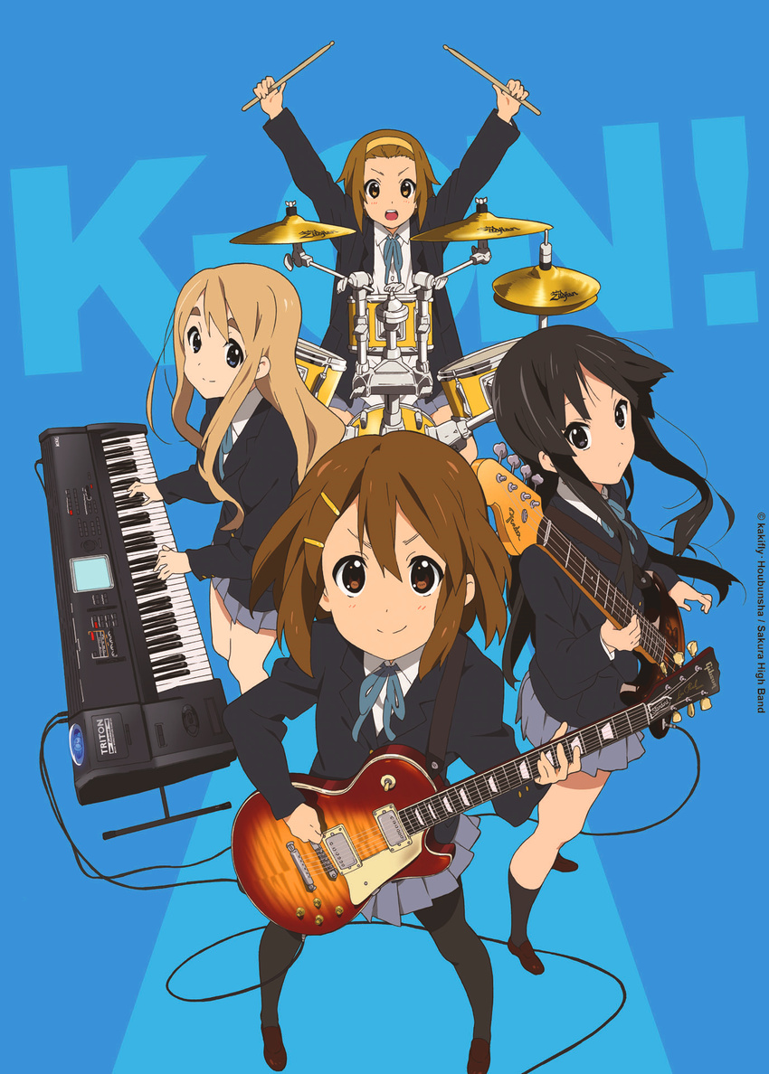 4girls akiyama_mio bass_guitar black_hair blonde_hair blue_eyes blush brown_eyes brown_hair cagayake!_girls_pose company_name copyright_name drum electric_guitar fender_jazz_bass fender_musical_instruments_corporation gibson_brands_inc gibson_les_paul guitar highres hirasawa_yui horiguchi_yukiko instrument k-on! keyboard_(instrument) korg korg_triton kotobuki_tsumugi left-handed long_hair multiple_girls official_art open_mouth pantyhose sakuragaoka_high_school_uniform school_uniform short_hair skirt smile tainaka_ritsu