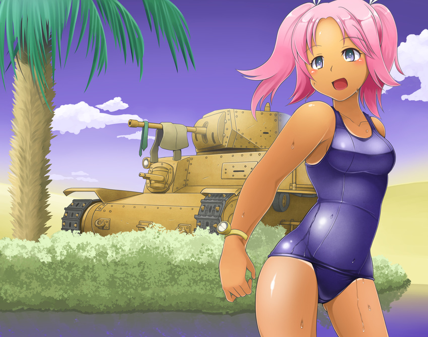 blue_eyes bruno_(milihime_taisen) cloud commentary_request day dead_people desert female highres m13/40 milihime_taisen military military_vehicle motor_vehicle old_school_swimsuit outdoors palm_tree pink_hair school_swimsuit shiny_clothes sky smile swimsuit tan tank tree twintails water