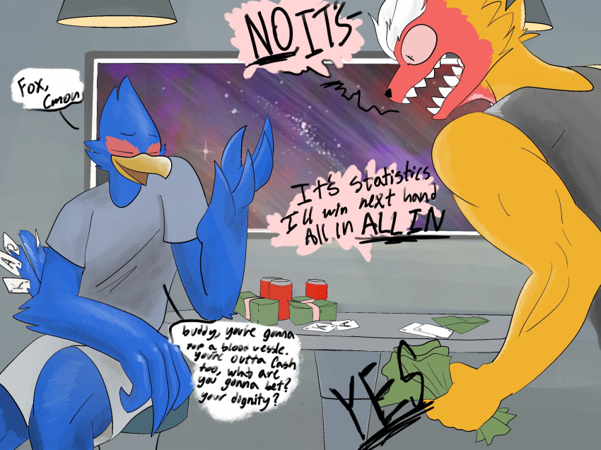 angry anthro avian bird blue_body canid canine duo english_text falco_lombardi fox fox_mccloud fur galliform gambling hi_res male mammal nastyfr nintendo phasianid space star_fox text yellow_body yellow_fur