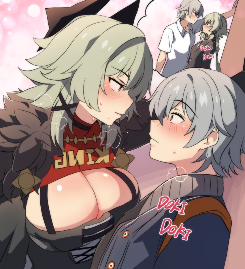 1boy black_jacket blue_jacket breasts caesar_king_(zenless_zone_zero) cleavage english_commentary female fur_trim grey_hair highres hinghoi jacket large_breasts looking_at_another shirt short_hair upper_body white_shirt wise_(zenless_zone_zero) zenless_zone_zero