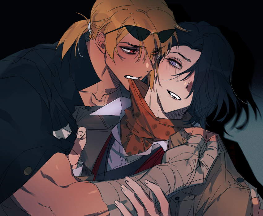 2boys bad_id bad_pixiv_id bandaged_arm bandaged_hand bandages biting biting_clothes black_hair black_jacket blonde_hair brown_jacket clothes_grab collarbone collared_shirt danganronpa_another dark-skinned_male dark_skin eyewear_on_head hair_between_eyes hair_over_one_eye highres jacket jacket_on_shoulders looking_at_another makunouchi_hajime male_focus medium_hair multiple_boys muscular muscular_male orange_scarf polka_dot polka_dot_scarf purple_eyes red_eyes scarf shirt sunglasses super_danganronpa_another_2 techa_(pixiv7164124) teeth white_shirt yaoi yomiuri_nikei