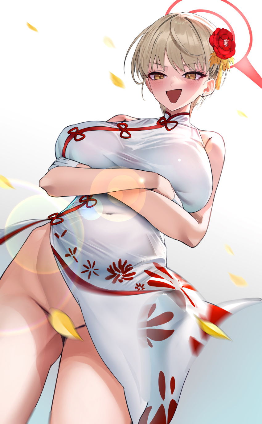 absurdres blonde_hair blue_archive blush breasts china_dress chinese_clothes covered_navel crossed_arms dress earrings falling_leaves female flower gloves hair_flower hair_ornament halo highres jewelry large_breasts leaf leaf_censor marina_(blue_archive) marina_(qipao)_(blue_archive) no_panties open_mouth red_flower rossy_(yowayowachimpo) short_hair sleeveless sleeveless_dress solo white_dress white_gloves wind wind_lift yellow_eyes