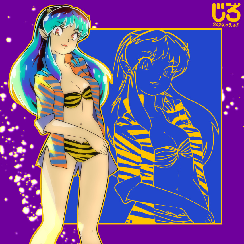 animal_print aqua_hair artist_name backlighting bare_legs bikini breasts cleavage collarbone cone_horns cowboy_shot dated female fur_bikini highres horns jirohhb looking_at_viewer lum multicolored_hair oni orange_eyes orange_outline parted_lips print_bikini print_shirt purple_background shirt short_sleeves sidelocks solo swimsuit tiger_stripes urusei_yatsura zoom_layer