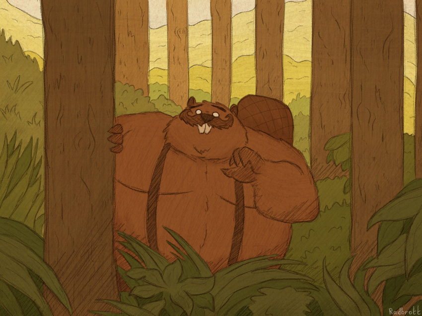 2024 4:3 anthro beaver belly big_belly biped brown_body detailed_background don't_starve facial_hair hi_res klei_entertainment male mammal moobs moustache outside overweight overweight_male plant radbrott rodent solo tree were werebeaver wererodent