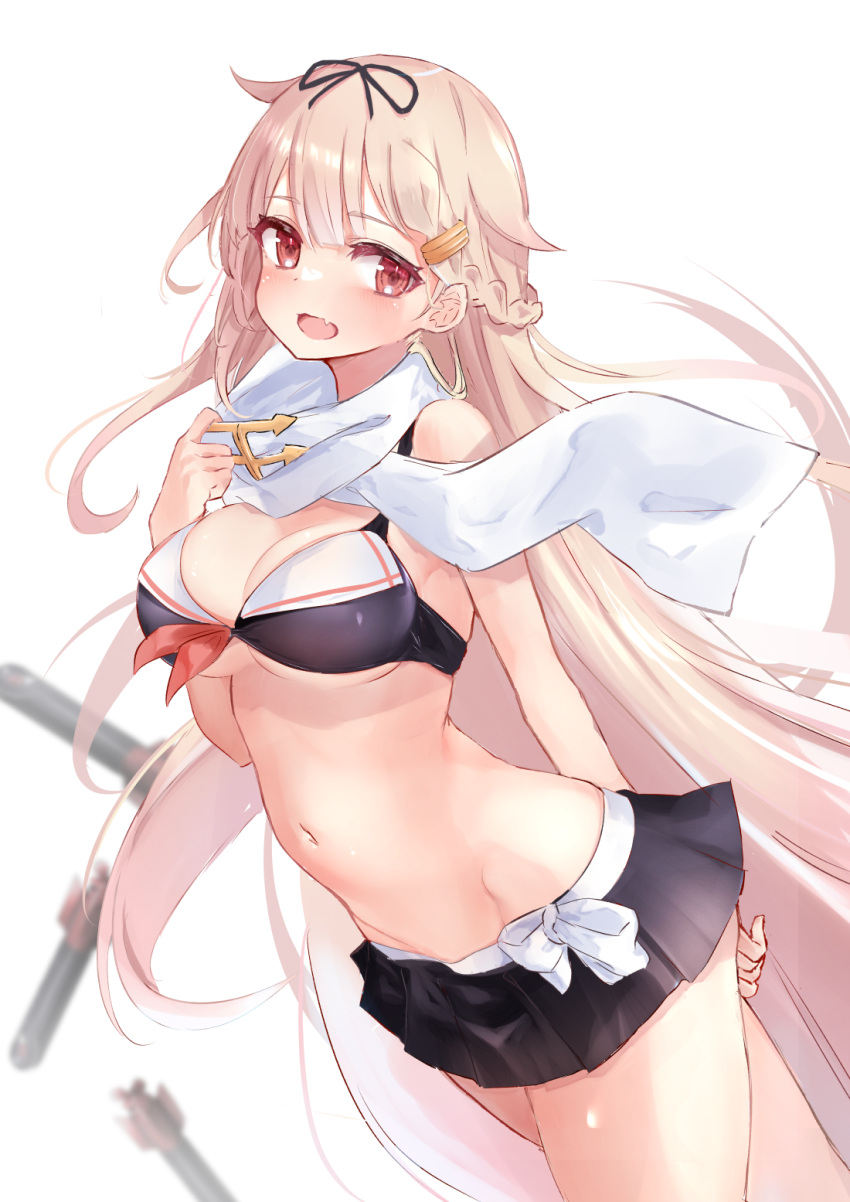 adapted_costume bikini bikini_skirt black_bikini black_ribbon black_skirt blonde_hair blush braid braided_bangs breasts cleavage female hair_flaps hair_ornament hair_ribbon hairclip hasaki_(alice_ruru) highres kantai_collection long_hair looking_at_viewer medium_breasts open_mouth pleated_skirt red_eyes ribbon sailor_bikini sailor_collar scarf simple_background single_braid skirt solo swimsuit torpedo white_background white_sailor_collar white_scarf yuudachi_(kancolle) yuudachi_kai_ni_(kancolle) yuudachi_kai_ni_(swimsuit)_(kancolle)