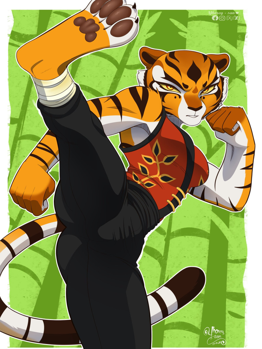 4_toes 5_fingers anthro barefoot bottomwear clothed clothing digital_media_(artwork) dreamworks feet felid female fighting_pose fingers fur hi_res kung_fu_panda looking_at_viewer mammal master_tigress muscular muscular_anthro muscular_female orange_body pantherine pants pawpads pose shirt solo spread_legs spreading stripes tail tiger toes topwear yhorey_san