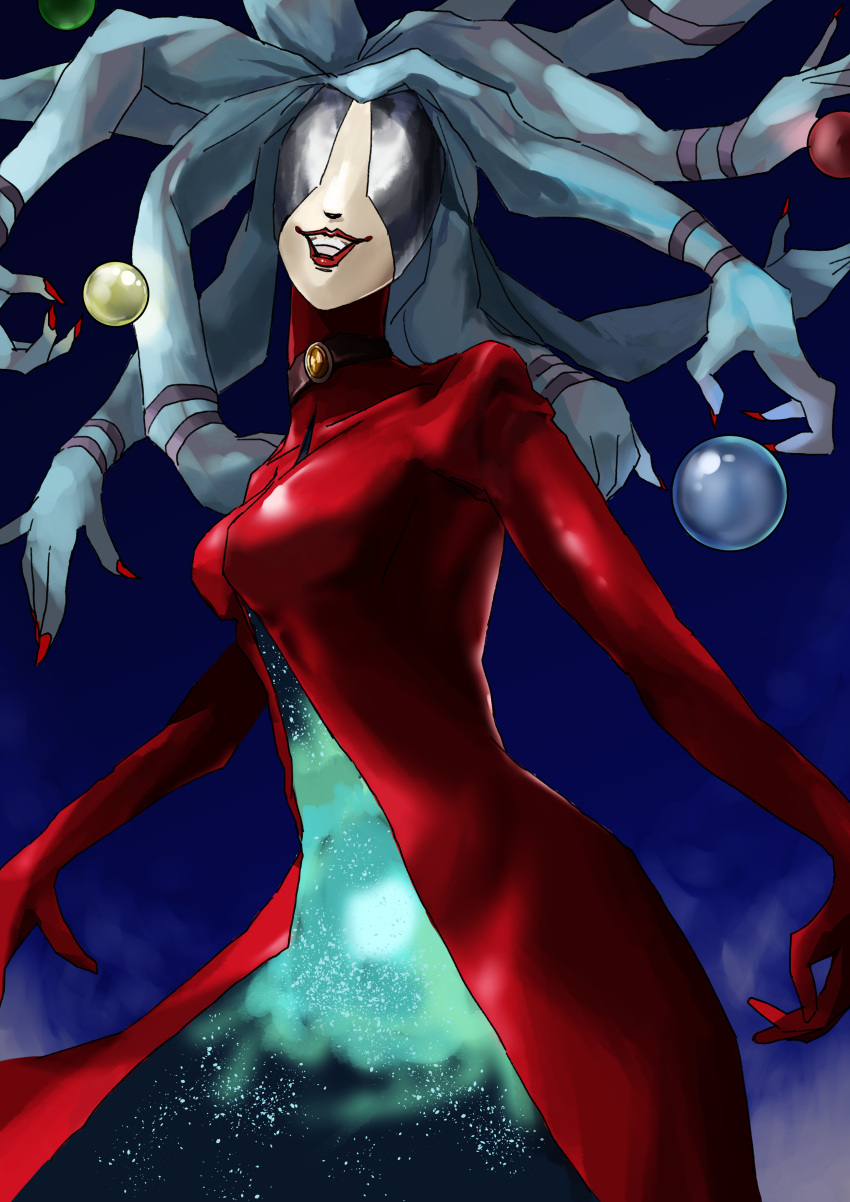 absurdres blue_sky breasts commentary_request covered_eyes dress eldritch_abomination female fingernails haruhuru_8686 highres large_breasts night night_sky orb red_dress red_lips red_nails sharp_fingernails shin_megami_tensei sky smile solo space too_many_arms tzitzimitl_(megami_tensei)