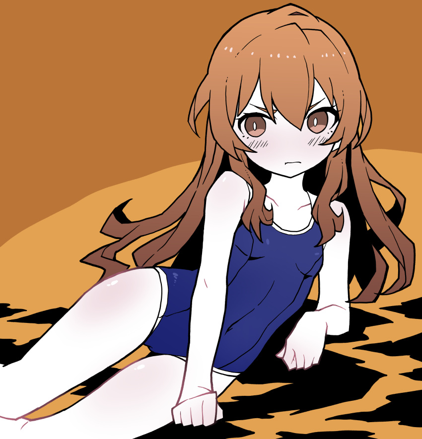 absurdres aisaka_taiga akableak angry bare_shoulders blue_one-piece_swimsuit blush breasts bright_pupils brown_background brown_eyes brown_hair clenched_hands collarbone commentary covered_navel embarrassed english_commentary female hair_between_eyes hair_over_shoulder highres long_hair looking_at_viewer lying new_school_swimsuit on_ground on_side one-piece_swimsuit pale_skin school_swimsuit sidelocks small_breasts solo swimsuit thigh_gap toradora! tsundere v-shaped_eyebrows white_pupils