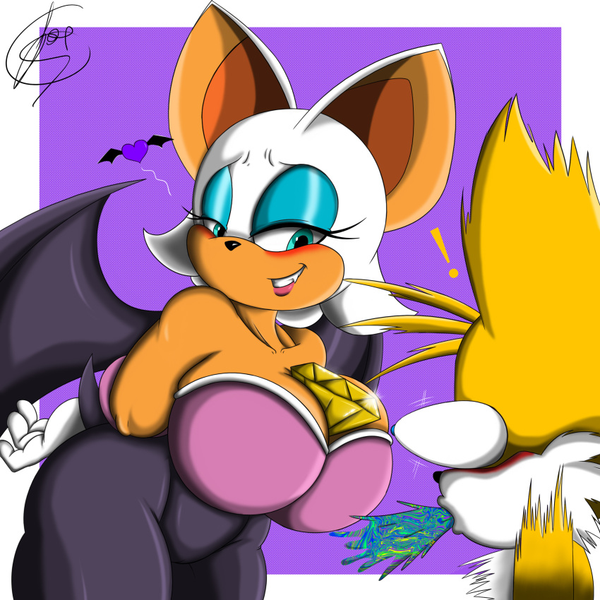 absurd_res age_difference anthro bat big_breasts blush breasts canid canine duo female fox foxium hearts_around_head hi_res male male/female mammal older_female propositioning rouge_the_bat sega sonic_the_hedgehog_(series) spit-take spitting tails younger_male