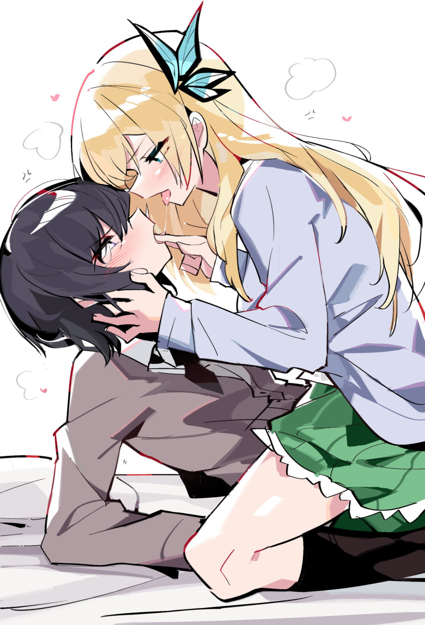 2girls anger_vein black_hair black_socks blonde_hair boku_wa_tomodachi_ga_sukunai cardigan commentary cowgirl_position finger_in_another's_mouth from_side green_skirt grey_cardigan hand_in_another's_hair heart highres kashiwazaki_sena kneehighs long_hair lying mikazuki_yozora multiple_girls on_back profile saliva saliva_trail school_uniform short_hair sitting sitting_on_person skirt socks straddling tongue tongue_out yuri zhanzhangzlw