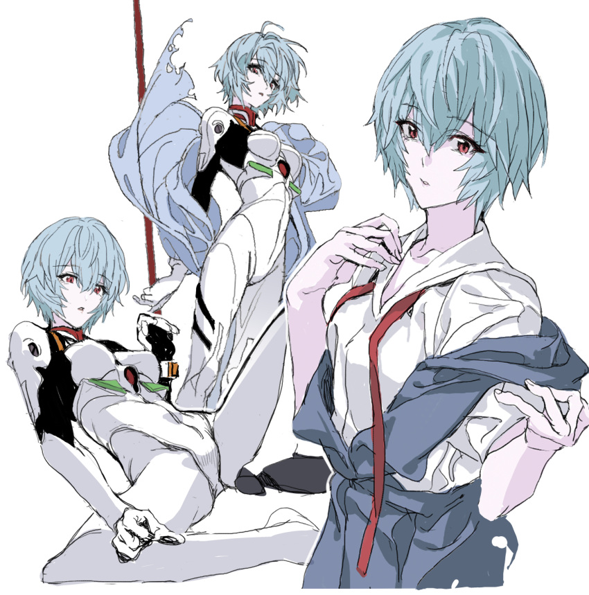 arm_up ayanami_rei choppy_bangs cowboy_shot highres looking_at_viewer multiple_views neon_genesis_evangelion nobita_(makoto7060355) out_of_frame red_eyes school_uniform short_hair simple_background spread_legs standing undressing upper_body white_background