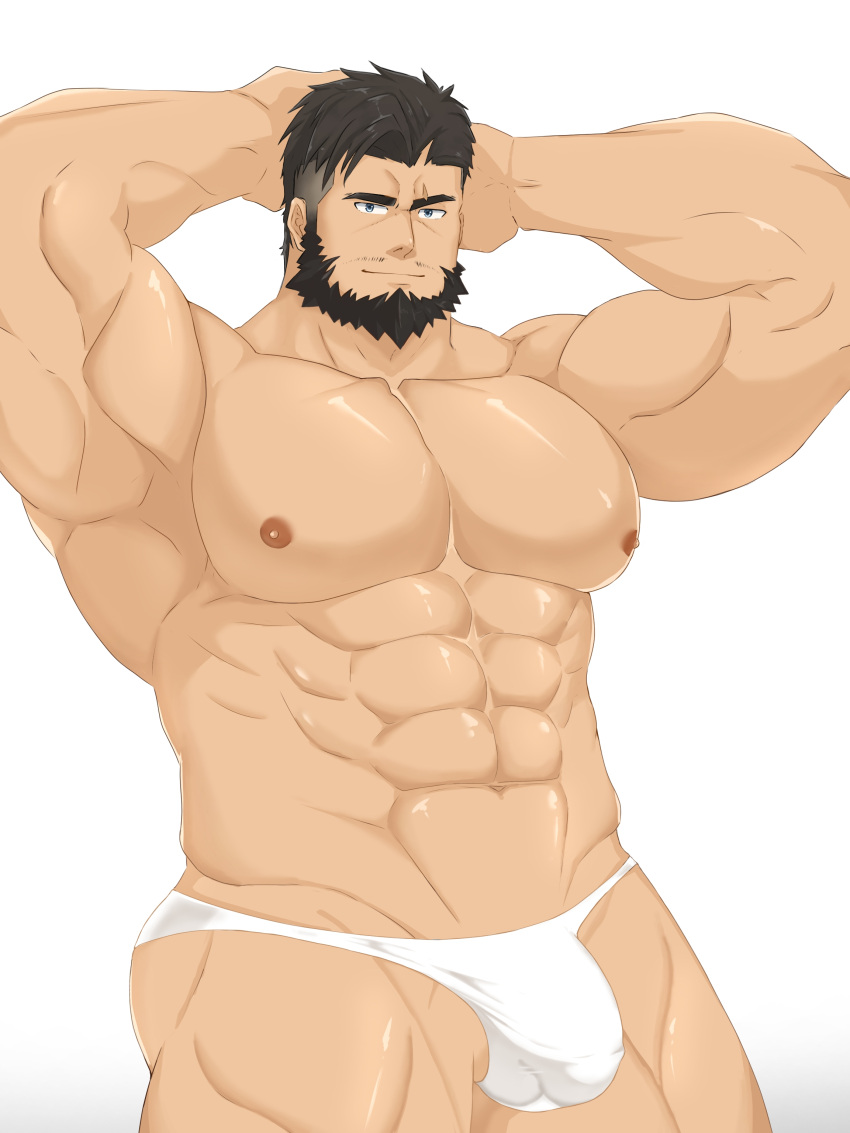 1boy abs absurdres armpits arms_behind_head bara beard biceps blue_eyes brown_hair bulge duran_(gyee) facial_hair gyee highres large_pectorals looking_at_viewer male_focus manly mature_male miki_2547 muscular muscular_male nipples no_pants pectorals scar short_hair simple_background smile solo spiked_hair thick_arms thick_eyebrows thick_thighs thighs thong topless_male undercut white_background