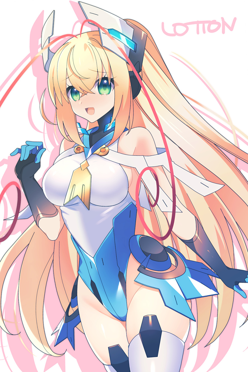 alternate_color alternate_costume azure_striker_gunvolt azure_striker_gunvolt_2 bare_shoulders black_gloves blonde_hair blue_leotard blush breasts cosplay cowboy_shot female gloves green_eyes headgear high_ponytail highres large_breasts leotard lololotton long_hair looking_at_viewer lumen_(gunvolt) multicolored_hair open_mouth pink_hair roro_(gunvolt) roro_(gunvolt)_(cosplay) shadow skindentation solo thighhighs tongue two-tone_hair very_long_hair white_leotard white_thighhighs