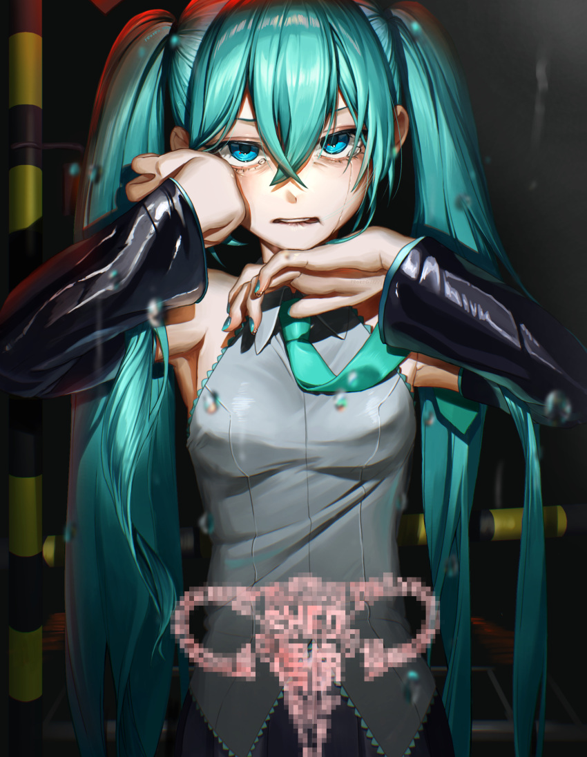 absurdres aqua_eyes aqua_hair aqua_nails aqua_necktie biting_own_lip black_skirt black_sleeves collared_shirt commentary_request crossed_bangs detached_sleeves dripping_eye female grey_shirt hair_between_eyes hand_up hatsune_miku highres long_hair long_sleeves looking_at_viewer necktie night outdoors pleated_skirt railroad_crossing rearea_7777 shirt skirt sleeveless sleeveless_shirt solo spotlight standing straight-on tearing_up twintails uminaoshi_(vocaloid) upper_body uterus very_long_hair vocaloid water_drop