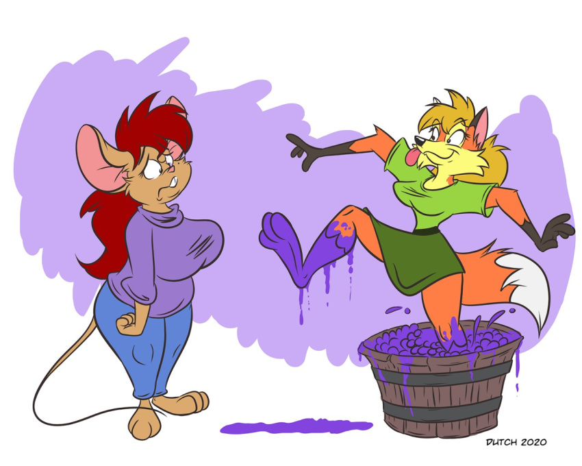 2020 barrel big_breasts bottomwear breasts buckteeth canid canine clothing digital_media_(artwork) duo dutch_(artist) flat_colors food fox fruit fur grape grape_stomping hair maggie_noirveaux_(dutch) mammal misty_(dutch) misty_the_mouse mouse multicolored_body multicolored_fur murid murine pants plant red_hair rodent shirt skirt stomping teeth thick_thighs topwear two_tone_body two_tone_fur wooden_barrel