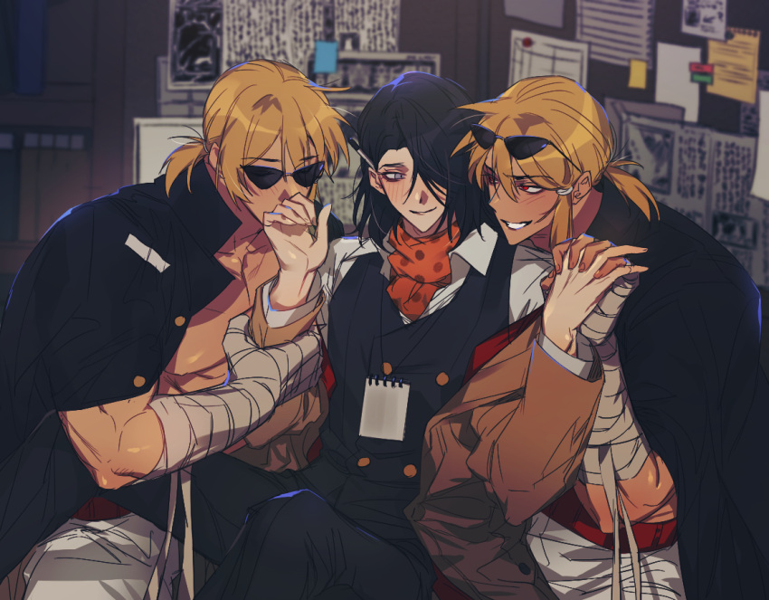 2boys bad_id bad_pixiv_id bandaged_arm bandaged_hand bandages black_hair black_jacket black_pants black_vest blonde_hair blush bookshelf boy_sandwich buttons clone closed_eyes collared_shirt danganronpa_another dark-skinned_male dark_skin double-breasted eyewear_on_head grabbing_another's_arm hair_over_one_eye hands_up holding_hands interlocked_fingers jacket jacket_on_shoulders kissing kissing_hand looking_at_another makunouchi_hajime male_focus medium_hair multiple_boys muscular muscular_male newspaper notepad orange_scarf pants polka_dot polka_dot_scarf red_eyes sandwiched scarf shirt shorts smile sunglasses super_danganronpa_another_2 techa_(pixiv7164124) vest white_shorts yaoi yomiuri_nikei