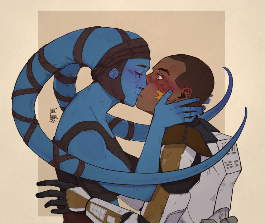 aayla_secura alien blue_body blue_skin clone_trooper closed_eyes clothing cobaltbeam commander_bly duo female hi_res human male male/female mammal pseudo_hair star_wars tentacle tentacle_hair twi'lek uniform