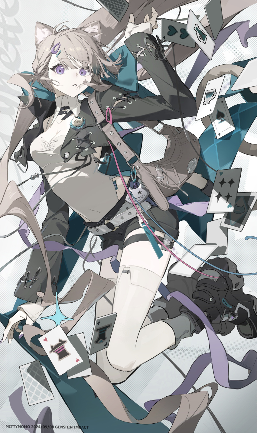 absurdres ace_(playing_card) ace_of_spades alternate_costume animal_ear_fluff animal_ears aqua_bow bag belt black_footwear black_jacket black_shorts bow breasts card cat_ears cat_girl cat_tail cleavage collar commentary_request copyright_name cropped_jacket dated detached_collar facial_mark feet_up female full_body genshin_impact grey_hair hair_ornament hairclip hand_up high_tops highres huge_bow jacket long_hair long_sleeves looking_at_viewer lynette_(genshin_impact) open_clothes open_jacket parted_lips playing_card purple_eyes purple_nails shiliudoudou568 shirt shoes shorts shoulder_bag sneakers solo spade_(shape) sparkle star_(symbol) star_facial_mark tail thighhighs white_belt white_collar white_shirt white_thighhighs