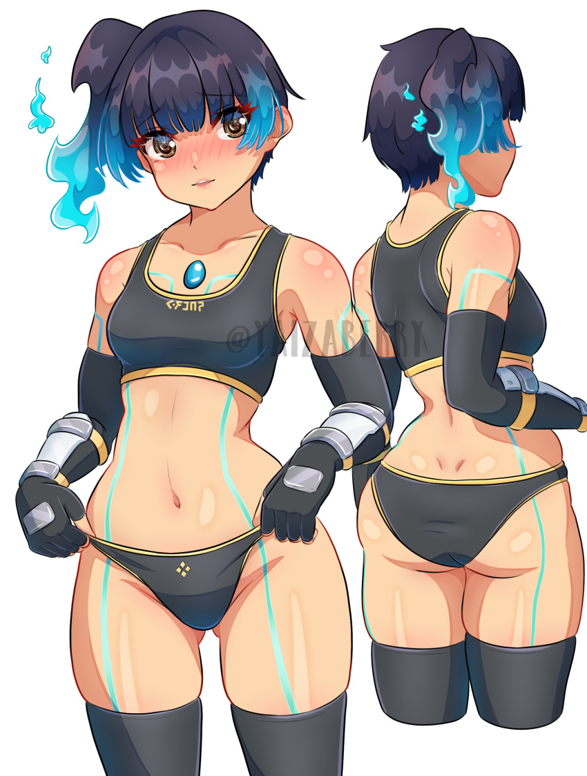 ass black_panties black_sports_bra blue_hair breasts chest_jewel commentary crop_top cropped_legs elbow_gloves english_commentary female fiery_hair fingerless_gloves gloves glowing_lines highres looking_at_viewer multiple_views navel panties sena_(xenoblade) shiny_skin shoulder_strap side_ponytail small_breasts smile sports_bra thighhighs toned toned_female underwear watermark xenoblade_chronicles_(series) xenoblade_chronicles_3 yaizaberry