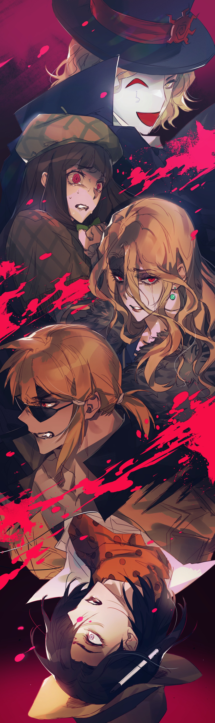 2girls 3boys @_@ absurdres bad_id bad_pixiv_id beret black_hair black_hat black_jacket blonde_hair blood blood_splatter blue_sailor_collar bow brown_hair brown_hat brown_jacket cape capelet clenched_teeth coat danganronpa_another dark-skinned_male dark_skin earrings eyelashes fur_coat green_bow hair_between_eyes half_mask hat high_collar highres jacket jacket_on_shoulders jewelry lips long_hair magorobi_emma makunouchi_hajime mask medium_hair multiple_boys multiple_girls nijiue_iroha orange_scarf pen pink_blood polka_dot polka_dot_scarf purple_eyes red_eyes sailor_collar sannoji_mikado scarf shirt short_ponytail single_tear spoilers sunglasses super_danganronpa_another_2 sweat tearing_up techa_(pixiv7164124) teeth white_shirt yellow_eyes yomiuri_nikei