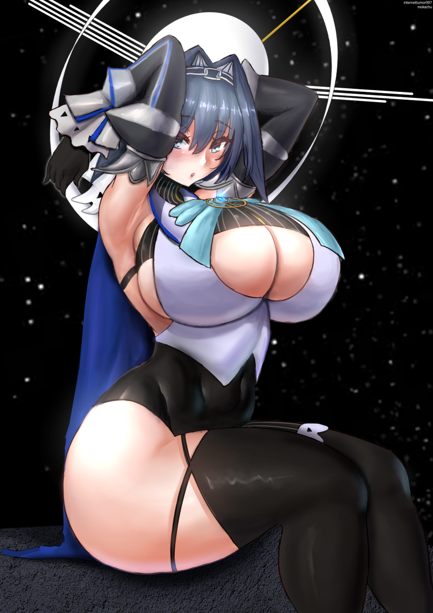 absurdres armpits arms_behind_head black_gloves blue_eyes blue_hair blush bow breasts chain_headband chains cleavage cleavage_cutout clothing_cutout detached_sleeves female gloves hair_intakes halo headband heart-shaped_gem highres holocouncil hololive hololive_english huge_breasts jewelry large_breasts looking_at_viewer mechanical_halo morganmox ouro_kronii ouro_kronii_(1st_costume) ribbon_earrings short_hair solo thick_thighs thighhighs thighs underboob_cutout virtual_youtuber