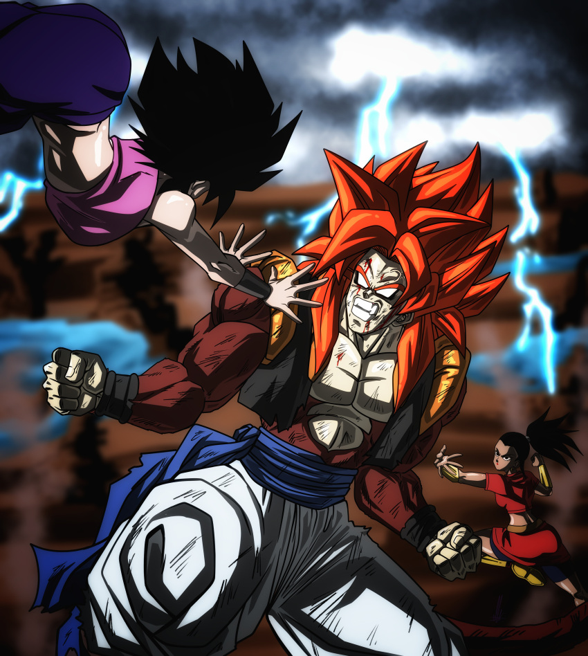 1boy 2girls absurdres anger_vein battle belt belt_skirt black_hair black_wristband blood blood_on_face blood_on_mouth blood_on_pectorals blue_pants blue_sash bracelet caulifla clenched_hands clenched_teeth crop_top curtained_hair dragon_ball english_commentary facing_another gogeta highres jewelry kale_(dragon_ball) looking_at_another monkey_tail multiple_girls muscular muscular_male no_pupils outdoors overpowering pants pink_shirt red_hair red_shirt red_skirt sash shirt short_sleeves skirt sleeveless storm super_saiyan super_saiyan_4 tail teeth thunder un_koshin1402 veins veiny_face vest white_pants yellow_footwear