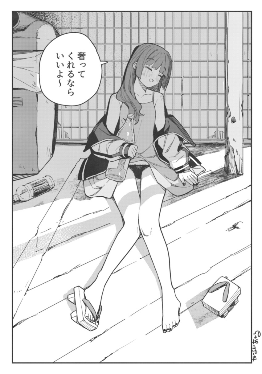 barefoot bocchi_the_rock! bottle closed_eyes commentary_request dress female full_body geta greyscale highres hiroi_kikuri jacket long_hair monochrome open_clothes open_jacket outdoors panties sake_bottle sandals single_sandal solo tanaka_ahiru translation_request underwear