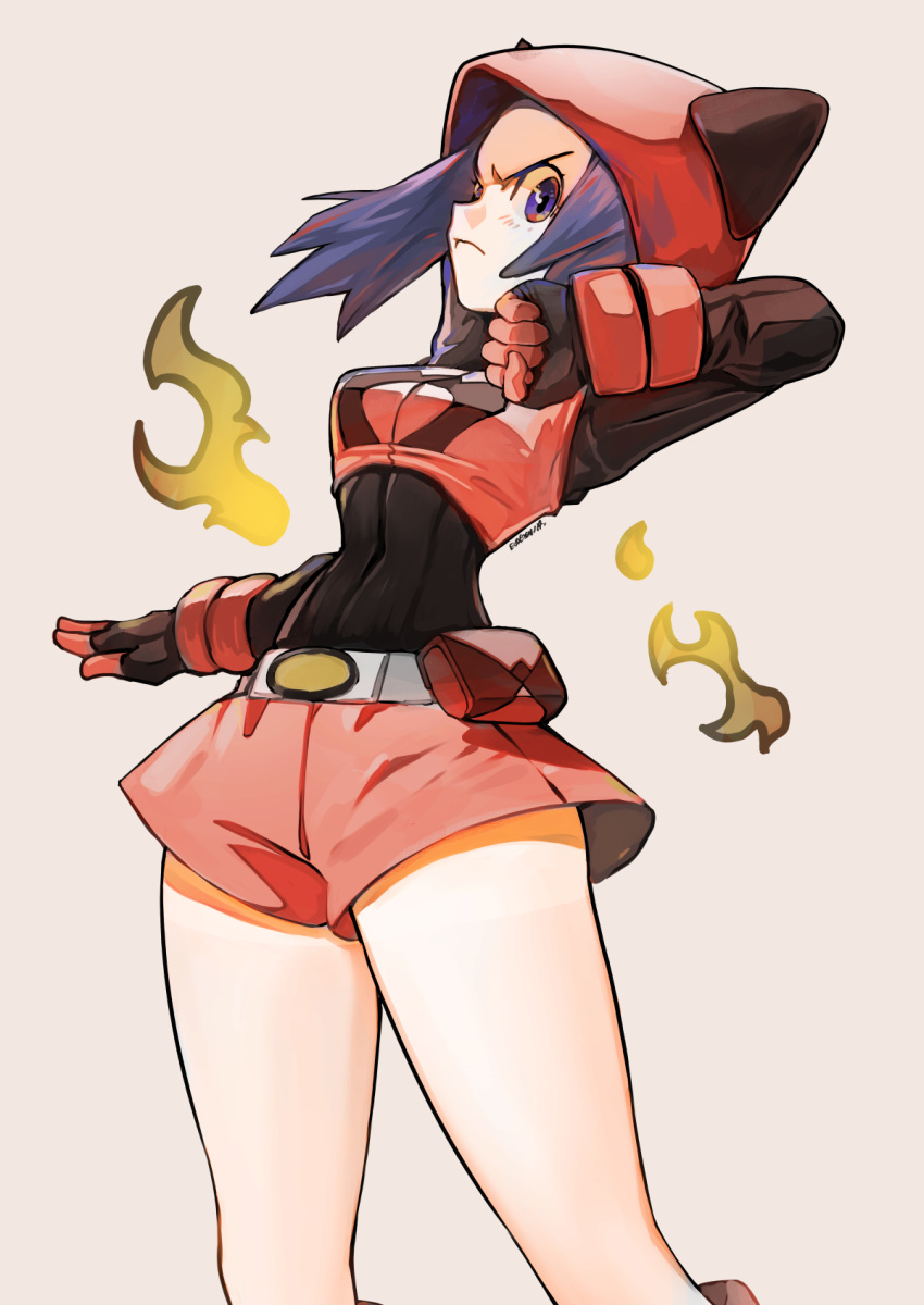 black_shirt breasts crop_top eudetenis female highres pokemon pokemon_rse purple_eyes purple_hair red_shirt red_shorts serious shirt shorts solo team_magma team_magma_grunt team_magma_uniform