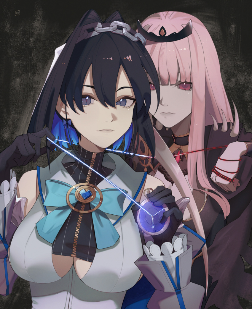 2girls absurdres behind_another black_cape black_dress black_gloves black_hair blue_bow blue_bowtie blue_eyes blue_gemstone blue_hair bow bow_earrings bowtie breasts cape chain_headband chains closed_mouth clothing_cutout colored_inner_hair commentary detached_sleeves dress earrings english_commentary expressionless gem gloves hair_between_eyes hair_intakes heart-shaped_gem highres holding holding_pocket_watch hololive hololive_english jewelry large_breasts looking_at_viewer mori_calliope mori_calliope_(1st_costume) multicolored_hair multiple_girls o22no ouro_kronii ouro_kronii_(1st_costume) pink_eyes pink_hair pocket_watch sailor_collar scythe shirt slit_pupils spiked_cape striped_clothes striped_shirt tiara two-tone_hair underboob_cutout upper_body virtual_youtuber watch white_sailor_collar white_shirt zipper