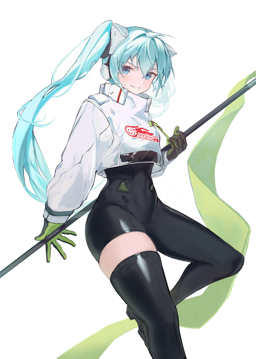 absurdres aqua_hair asymmetrical_bodysuit black_footwear black_gloves blue_eyes boots commentary_request cowboy_shot cropped_jacket female flagpole gloves goodsmile_racing green_flag green_gloves hatsune_miku high_collar highres jacket kuki1628 leg_up logo long_hair looking_at_viewer racing_miku racing_miku_(2022) single_leg_bodysuit single_thigh_boot smile solo thigh_boots twintails two-sided_gloves vocaloid white_background white_jacket