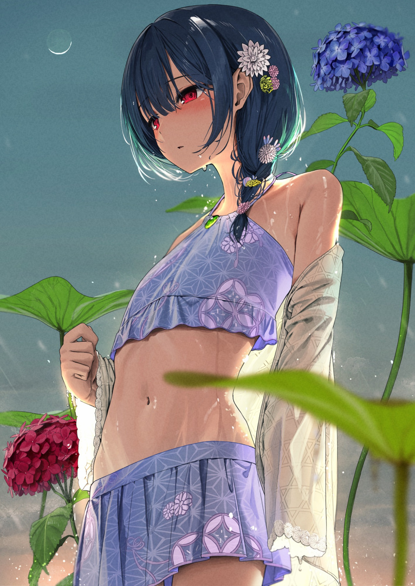 bare_shoulders bikini blue_flower blue_hair blush braid clenched_hand collarbone cowboy_shot crescent_moon dot_nose dusk expressionless female flat_chest flower frilled_bikini frills hair_flower hair_ornament highres hydrangea idolmaster idolmaster_shiny_colors idolmaster_shiny_colors_song_for_prism lace-trimmed_shirt lace_trim long_sleeves looking_down lotus_leaf medium_hair moon morino_rinze navel noeru off_shoulder outdoors parted_lips purple_bikini red_eyes red_flower shirt sidelocks single_braid sleeves_past_fingers sleeves_past_wrists solo standing straight_hair swimsuit wet wide_sleeves