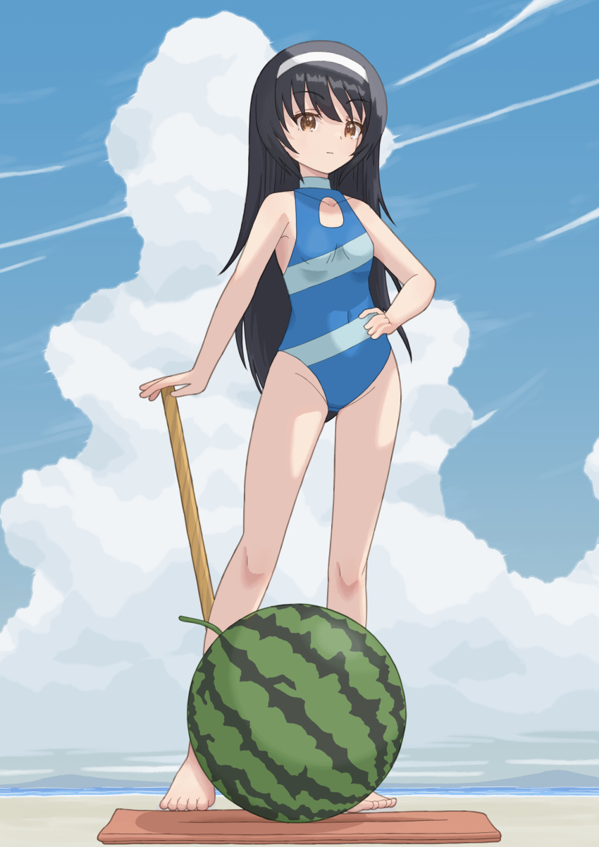 absurdres barefoot beach black_hair blue_one-piece_swimsuit blue_sky brown_eyes closed_mouth cloud cloudy_sky covered_navel day female food fruit full_body girls_und_panzer hairband halterneck hand_on_own_hip highres holding holding_stick long_hair looking_at_viewer one-piece_swimsuit outdoors qgkmn541 reizei_mako sky solo standing stick swimsuit watermelon white_hairband